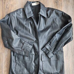 Vintage Newport News 100% Leather Jacket Trench Black Size Small.